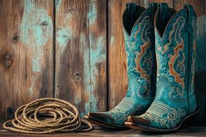 Beautifully designed cowboy boots are artfully paired with a coiled rope, all set against a weathered wooden backdrop, making them perfect for enhancing Westernthemed decor in any space photo