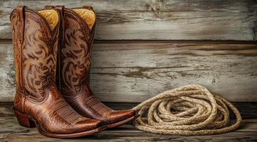 Highly elegant cowboy boots are gracefully resting next to a weathered rope on a rustic wooden surface, beautifully showcasing exceptional craftsmanship and quintessential country style photo