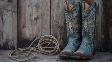 A pair of intricately designed cowboy boots and a classic lasso, set against a rustic backdrop, showcasing the essence of western culture and masterful craftsmanship in this timeless art form photo