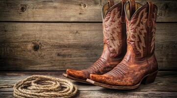 A striking pair of cowboy boots is displayed beside a coiled rope against a rustic wooden backdrop, highlighting the classic Western style and timeless craftsmanship of this footwear photo