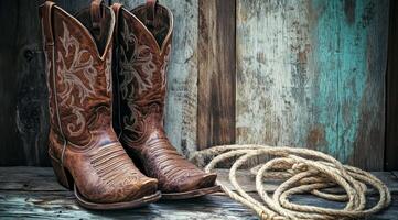 Explore vintage cowboy boots paired with quality roping gear in a rustic wooden setting, perfect for fans of Western aesthetics and authentic charm, blending old traditions with modern style photo