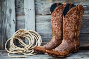 A cherished and weathered pair of cowboy boots rests beside a thick rope against a rustic wooden backdrop, perfectly embodying the everlasting essence of Western culture along with its unique style photo