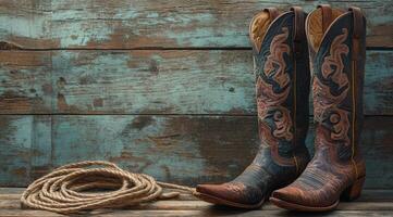 A stunning pair of artistic cowboy boots is displayed against a rustic wooden backdrop, capturing the essence of Western fashion and its traditional values, making it highly appealing photo