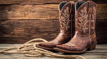 Discover a stunning collection of cowboy boots paired with a durable rope, elegantly resting on a rustic wooden surface that highlights their timeless vintage charm and aesthetic appeal photo