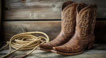 The elegant cowboy boots are showcased with a sturdy rope, highlighting the timeless charm of Western style and exquisite craftsmanship against a rustic wooden backdrop that enhances the aesthetic photo