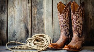 A pair of elegantly designed cowboy boots rests beside a coiled rope, set against a rustic wooden backdrop that captures the essence of Western style and evokes a sense of adventure photo
