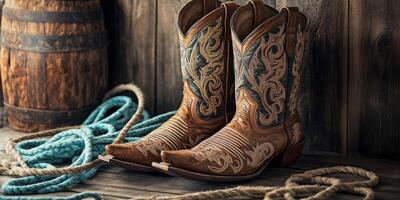 These beautifully designed cowboy boots, crafted with intricate stitching, are perfect for enhancing any westernthemed attire or country events, especially when paired with rustic decor elements photo