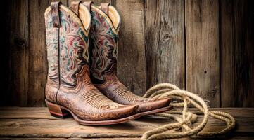 These classic cowboy boots come with intricate and detailed designs, which are elegantly complemented by a robust roping rope, beautifully displayed against a charming rustic wooden backdrop photo