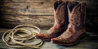 Discover a stunning selection of classic cowboy boots, perfectly paired with a rustic rope, embodying the true essence of Western charm and rugged style that captures the spirit of the frontier photo