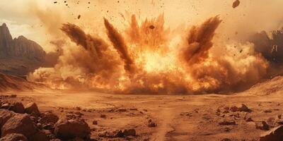 A truly dramatic and powerful explosion creates a vivid and colorful spectacle in a desolate barren desert environment photo