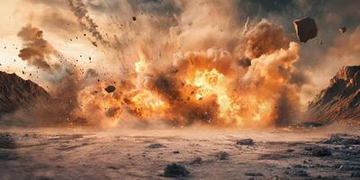 A powerful explosion violently unleashing debris amidst a dramatic fiery backdrop set in a rugged landscape photo