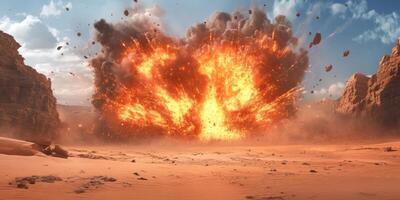 A powerful and catastrophic explosion creates a massive, fiery fireball in a desolate, barren desert environment photo