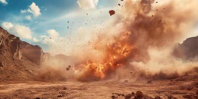 A powerful and intense explosion suddenly creates a massive cloud of dust and debris in a rugged desert landscape photo