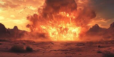 A breathtaking visual display of a massive explosion dramatically illuminating a barren landscape at sunset hours photo