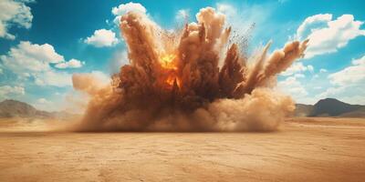 A powerful and massive explosion sending debris high into the sky against a clear blue background thats beautiful photo