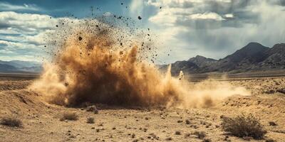 A stunning capture of an explosion in a desert landscape, showcasing dynamic movement and natural beauty. photo