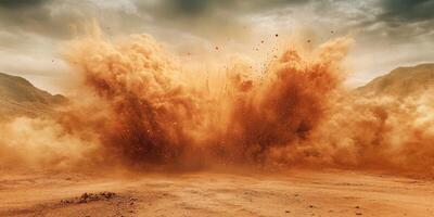 A powerful explosion occurs, sending a massive cloud of dust and debris high into the air in a dry, arid terrain photo