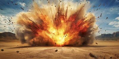 In an expansive desert, a powerful explosion erupted, sending flames and debris flying in all directions photo