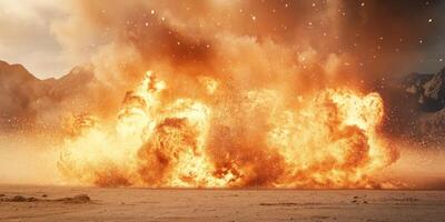 A massive explosion erupts in a barren desert, showcasing intense fiery effects throughout the area photo