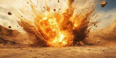 A stunning visual of a powerful explosion, sending debris into the air against a dramatic desert backdrop photo