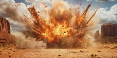 A massive explosion erupts violently in a vast desert, showcasing swirling clouds and flying debris photo