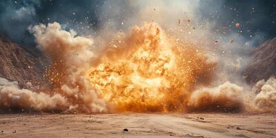 A stunning explosion erupts with huge dust clouds and debris, showcasing immense power in an arid environment photo