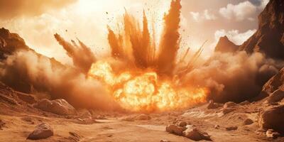 A breathtaking and stunning image captures a massive explosion that creates a fiery cloud in the arid terrain photo