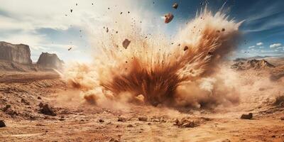 A strong explosion creates a huge cloud of dust and debris spreading across a barren desert environment photo