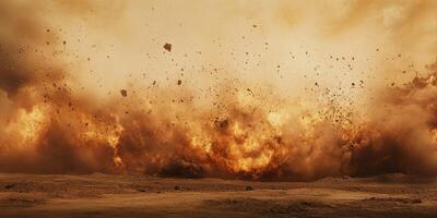 A dramatic and powerful explosion showcases a stunning display of fiery debris and intense dust in a barren environment photo