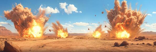 Powerful explosions dynamically erupt in a vast desert, showcasing intense action and striking visual effects photo