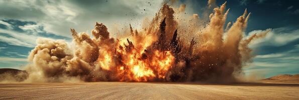 An intense and dramatic explosion erupts, creating a massive cloud of dust and debris across the vast desert landscape photo