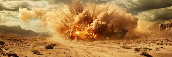 A massive and powerful explosion dramatically creates an intense scene in a vast desert landscape beneath a cloudy sky photo
