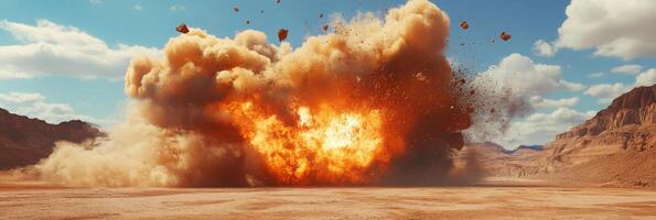 A powerful explosion erupts in a barren desert setting, showcasing dynamic clouds of smoke and debris. photo