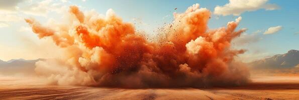 In a barren desert setting, a dramatic explosion occurs, creating a vivid cloud filled with dust and smoke photo