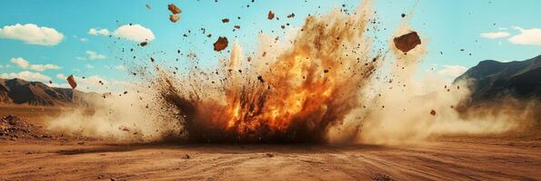 A striking and vivid image of a powerful explosion creating vast clouds of dust and debris in an arid desert landscape photo