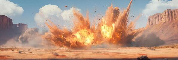 A captivating and striking scene that vividly captures a powerful and explosive eruption in a vast desert landscape photo