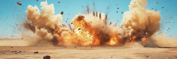 A breathtaking and stunning depiction of a powerful explosion that completely engulfs a desolate desert scene photo
