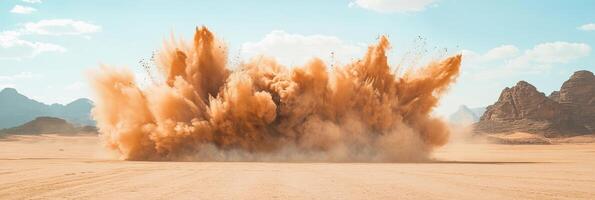 Witness the dynamic spectacle of a dust explosion that captures stunning and dramatic effects in a desert setting photo