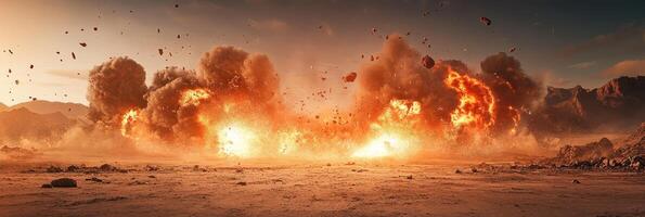 A dramatic explosion unfolds in a desert landscape at sunset, showcasing intense energy and dynamic motion photo