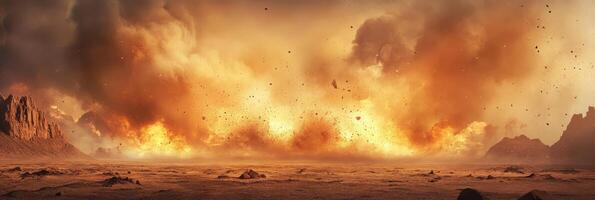 A striking depiction of a massive explosion engulfing a barren landscape, capturing intensity and chaos visually photo