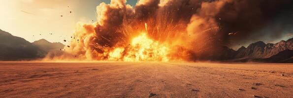 A massive explosion engulfs a desert landscape, with towering smoke and bright fire against the mountains photo