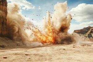 A dramatic explosion erupts in a dry desert, sending debris high into the air against a scenic backdrop photo