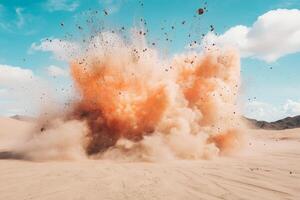In a barren desert, a powerful explosion erupts, sending clouds of dust and debris high into the sky photo