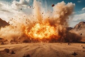 A powerful and intense explosion suddenly erupts, sending clouds of dust and debris flying in a vivid desert landscape photo