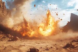 A powerful explosion occurs, creating swirling dust and debris amidst a striking and vast desert setting photo
