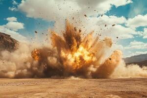 A powerful and intense explosion sends massive debris soaring into the sky against a stunning and dramatic backdrop photo