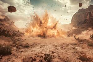 A powerful and stunning explosion creates a truly dramatic and intense scene in a vast, barren desert landscape photo
