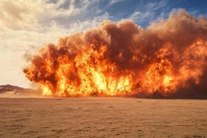 A powerful image of a massive explosion with vibrant flames and smoke set against a desolate desert backdrop photo