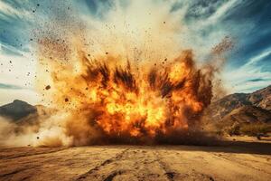 A captivating and striking image showcases a dramatic explosion occurring in a rugged desert under a bright blue sky photo