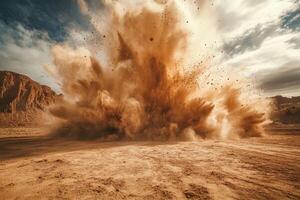 A powerful explosion sends a vast cloud of dust and debris into the air in a dramatic desert setting photo